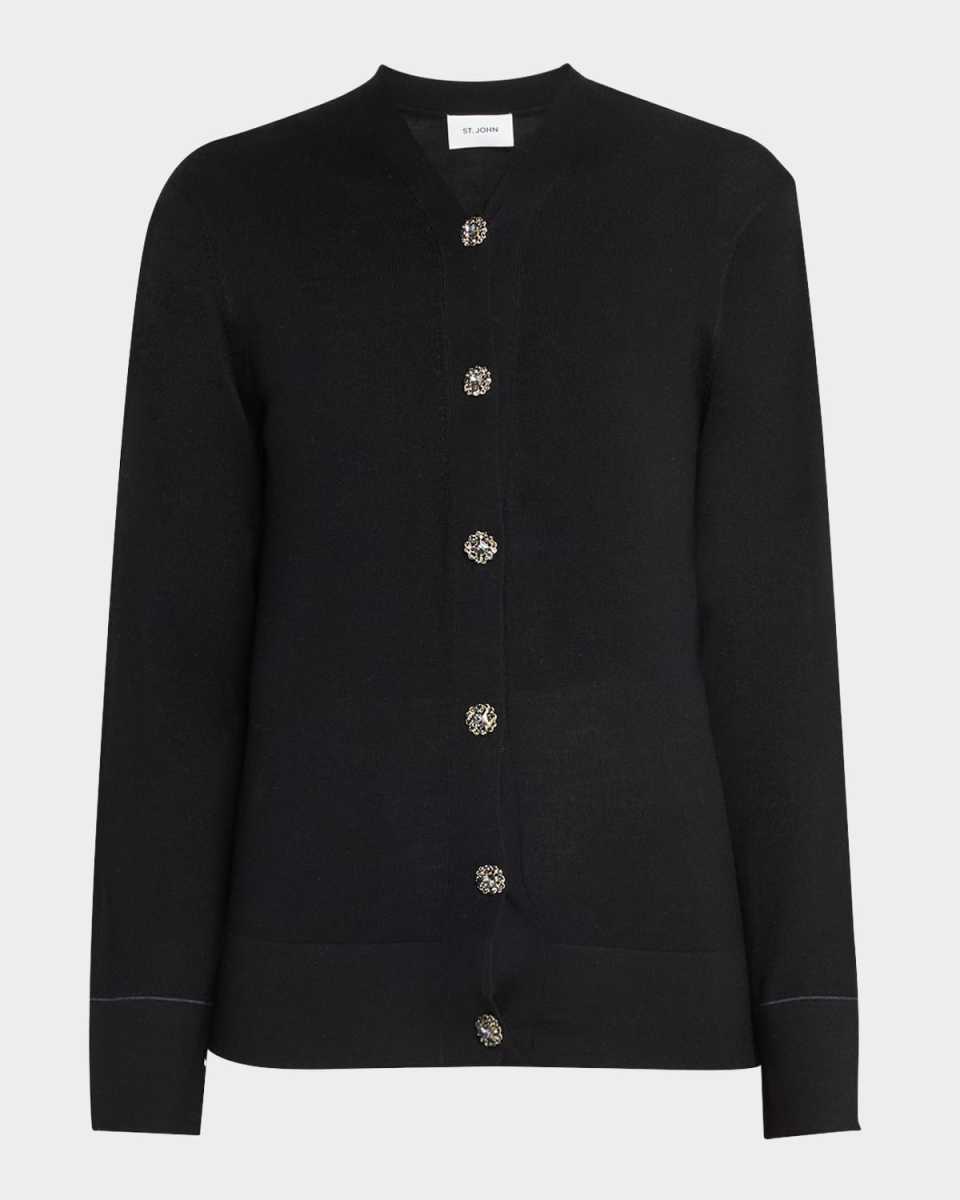 V-Neck Crystal-Button Merino Knit Cardigan